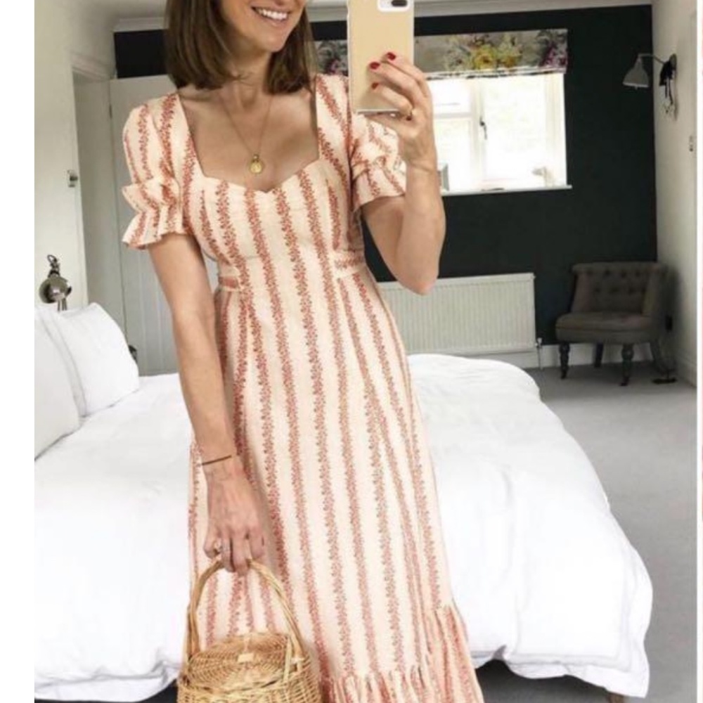 RIXO Cream and Rust-Striped Midi Dress
